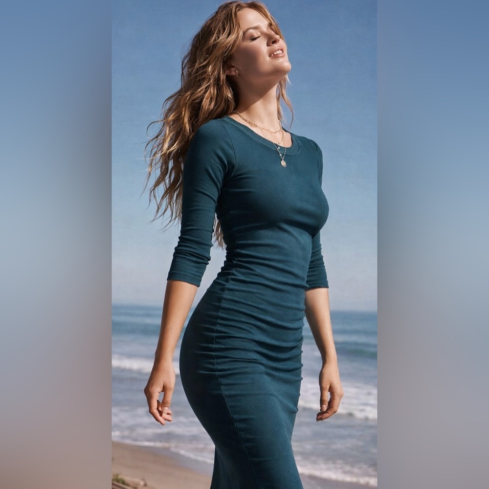 Michael Stars Everglades Green Ribbed Ruched Midi Dress | Stretch Knit Size S